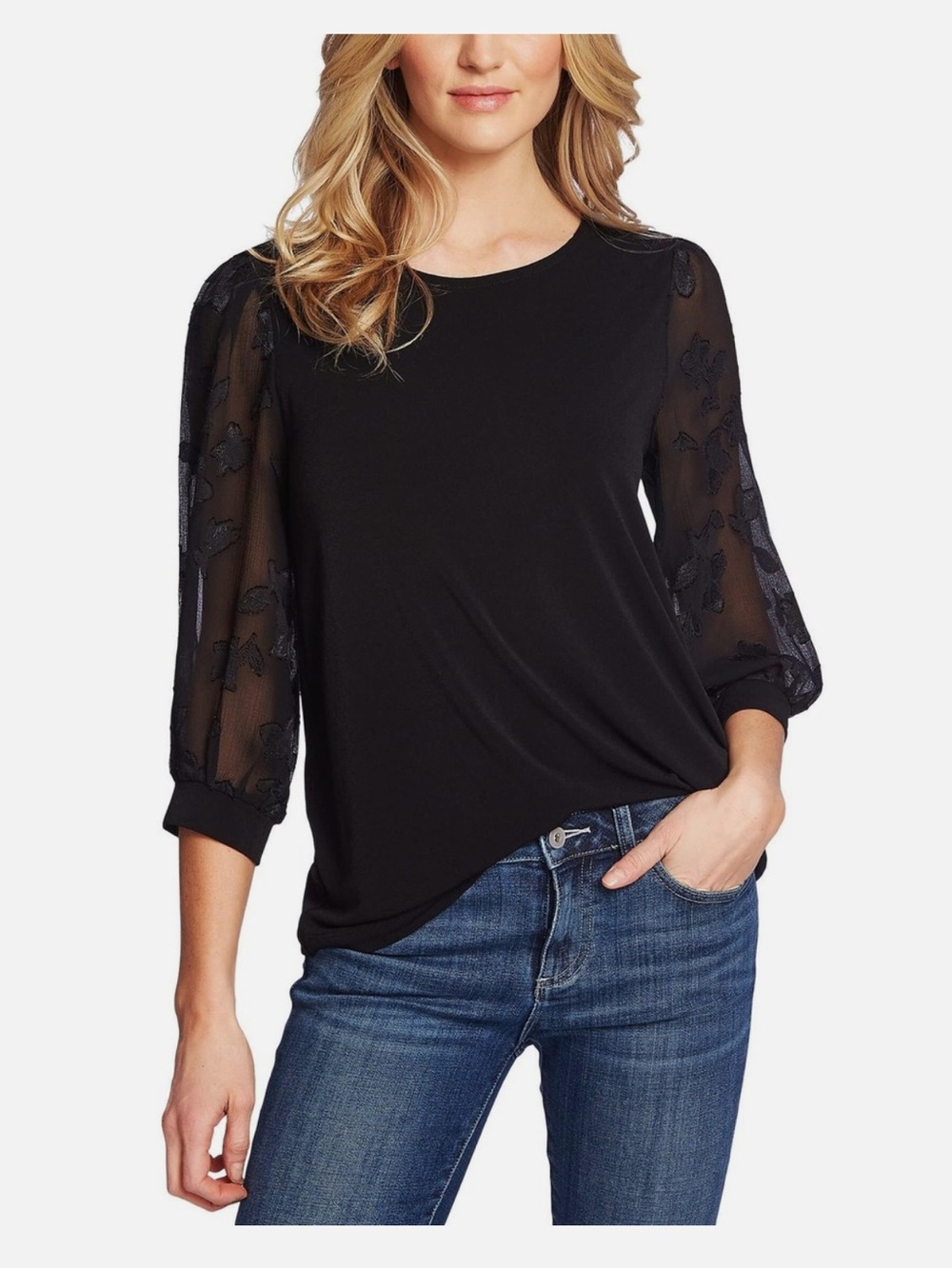 CeCe mixed-media blouse with sheer, floral-patterned three-quarter puff sleeves